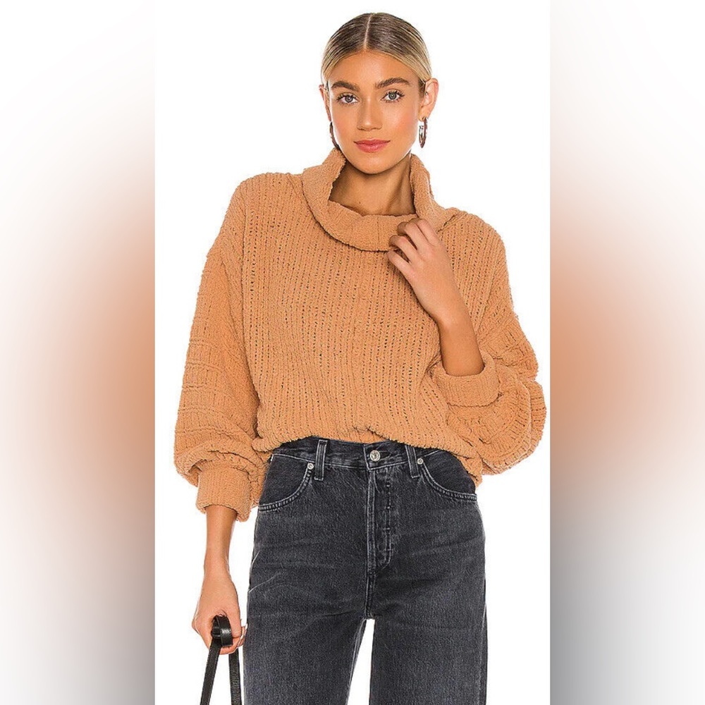 Free People Be Yours Cropped Sweater Cowl Neck Pullover in Camel Size Small